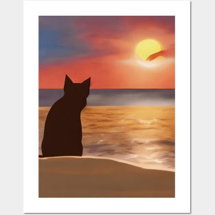 Cute Cat Watching Sunset Scene Posters and Art